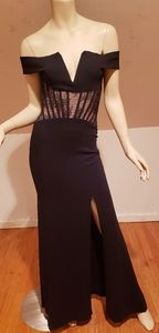 Max Azria off shoulder French lace bustier gown